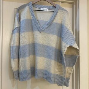 CJLA Cozy V-Neck Striped Sweater - Blue and Cream